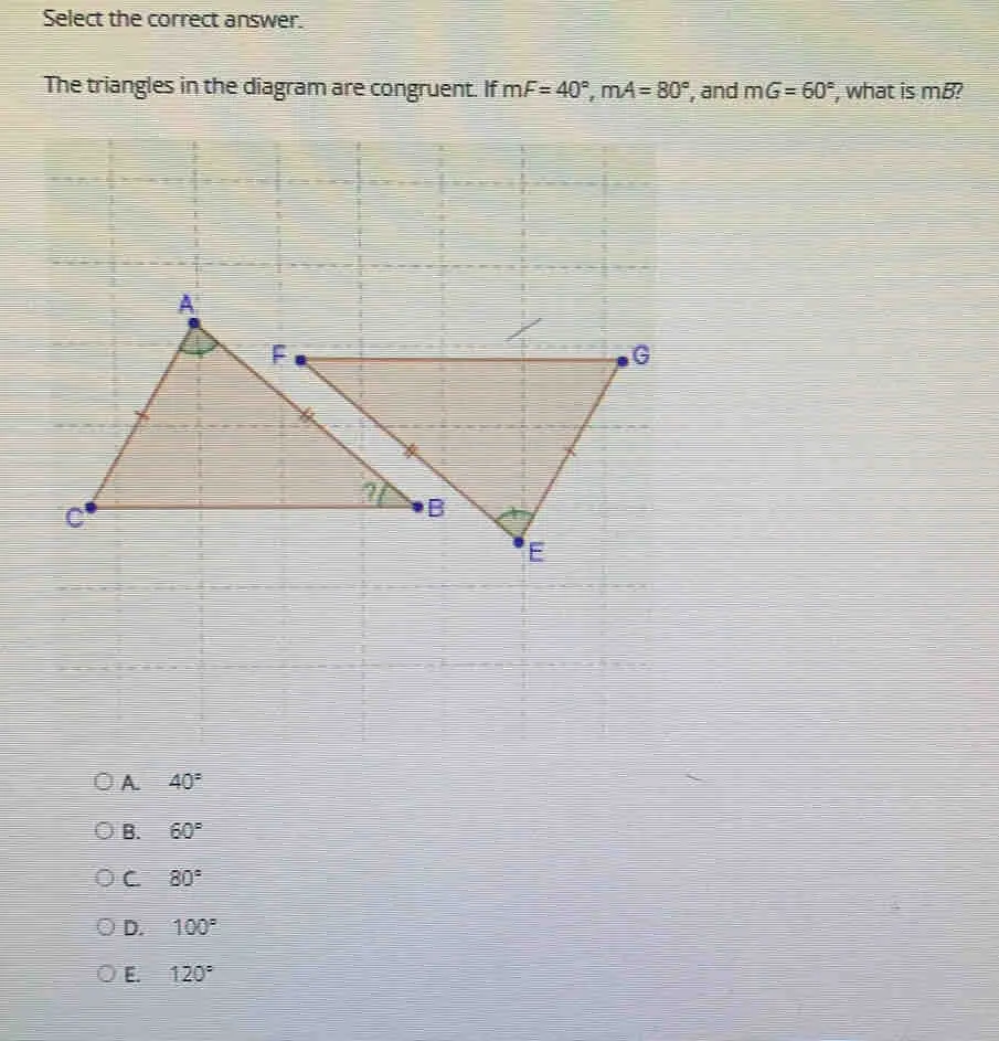 Select the correct answer. The triangles in the diagram are congruent